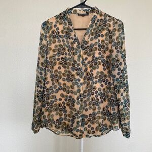 Adrianna Papell Womenʻs Tan | Teal Long Sleeve Abstract Circle Design Blouse XS